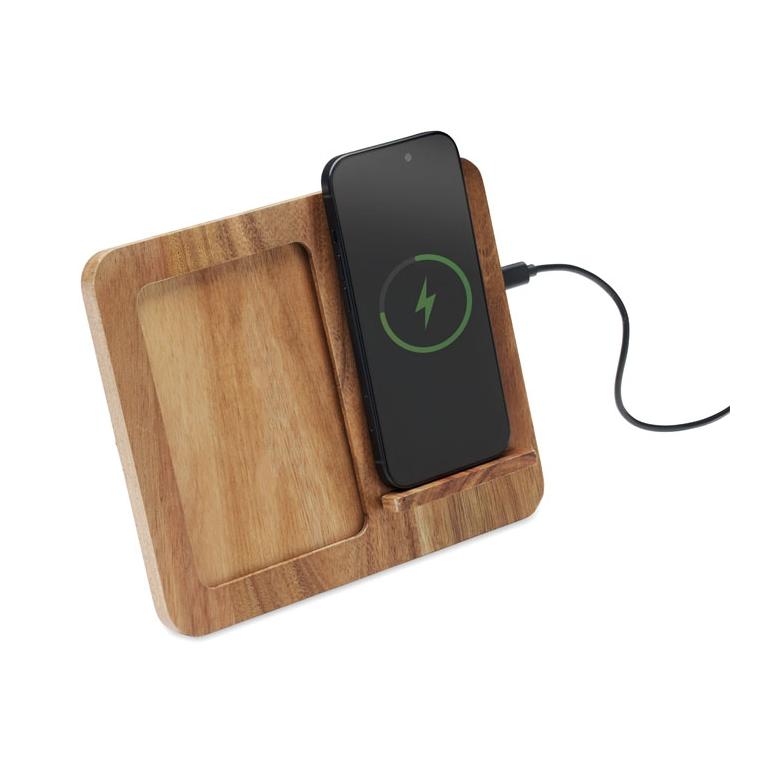 Ramă foto din lemn de salcâm cu încărcător wireless de 15 W Finwood Natur