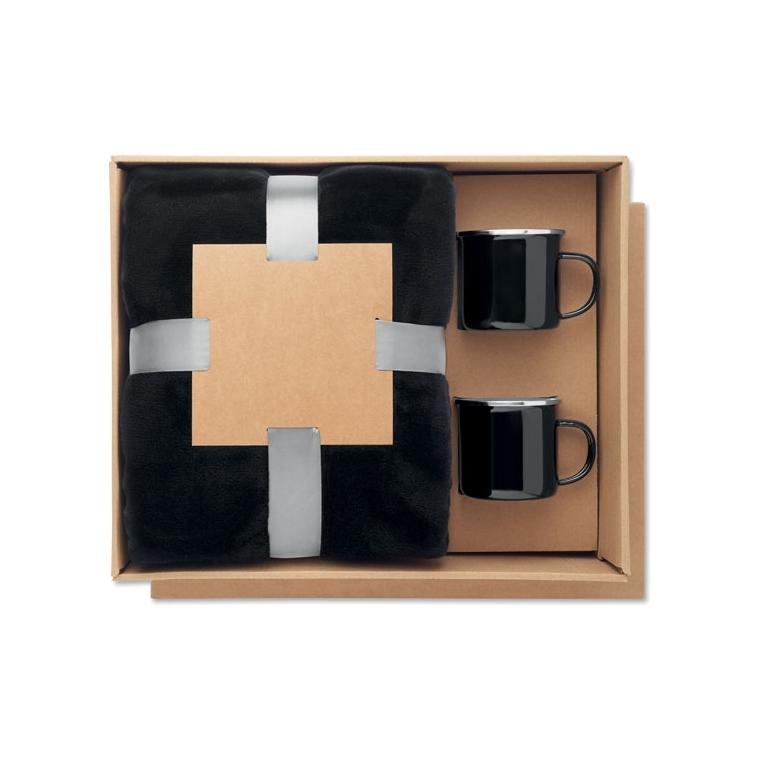 Set cadou cu pătură din fleece și 2 căni Agradable Negru