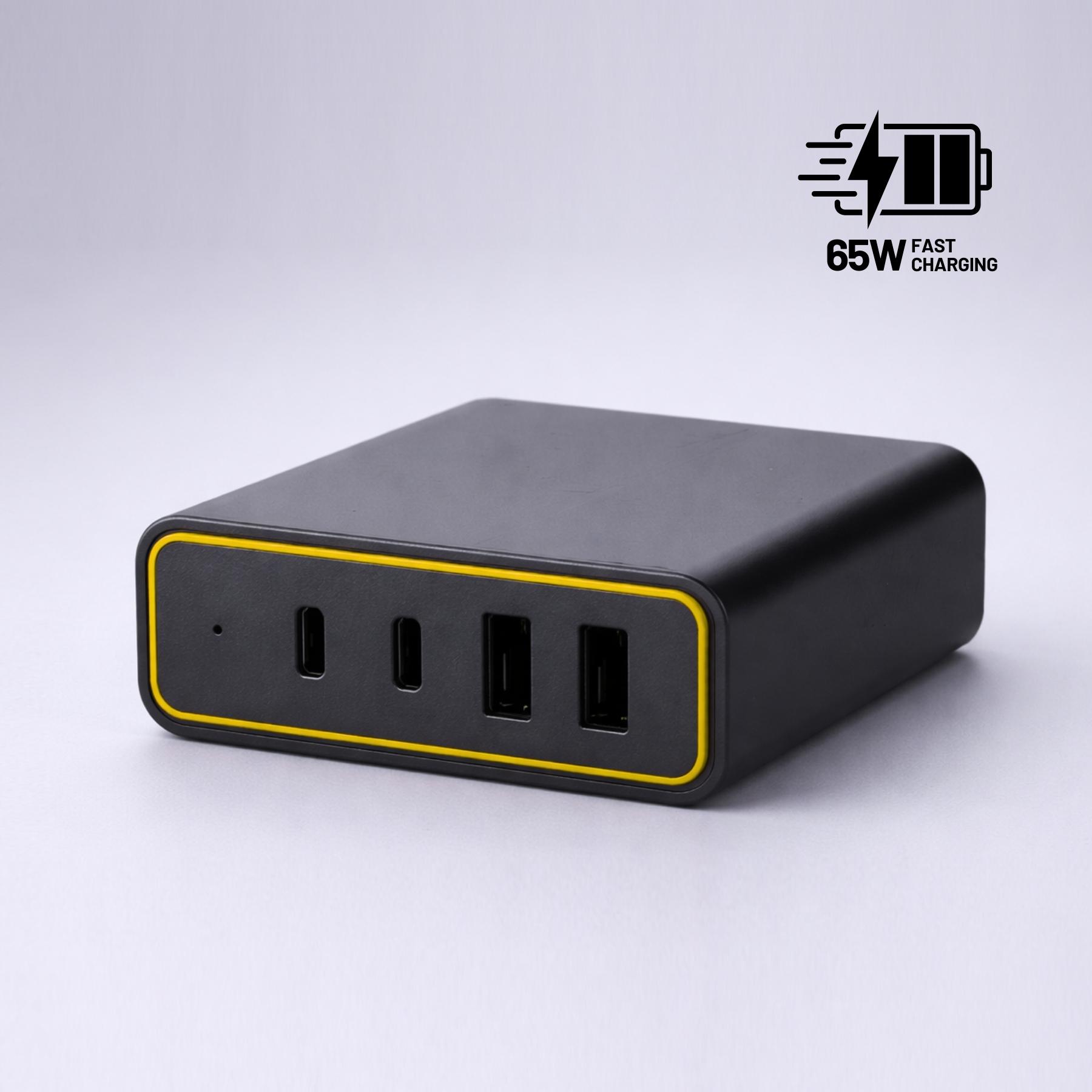Încărcător de birou Opti Power GaN 65W (turn de încărcare cu 4 porturi) Galben