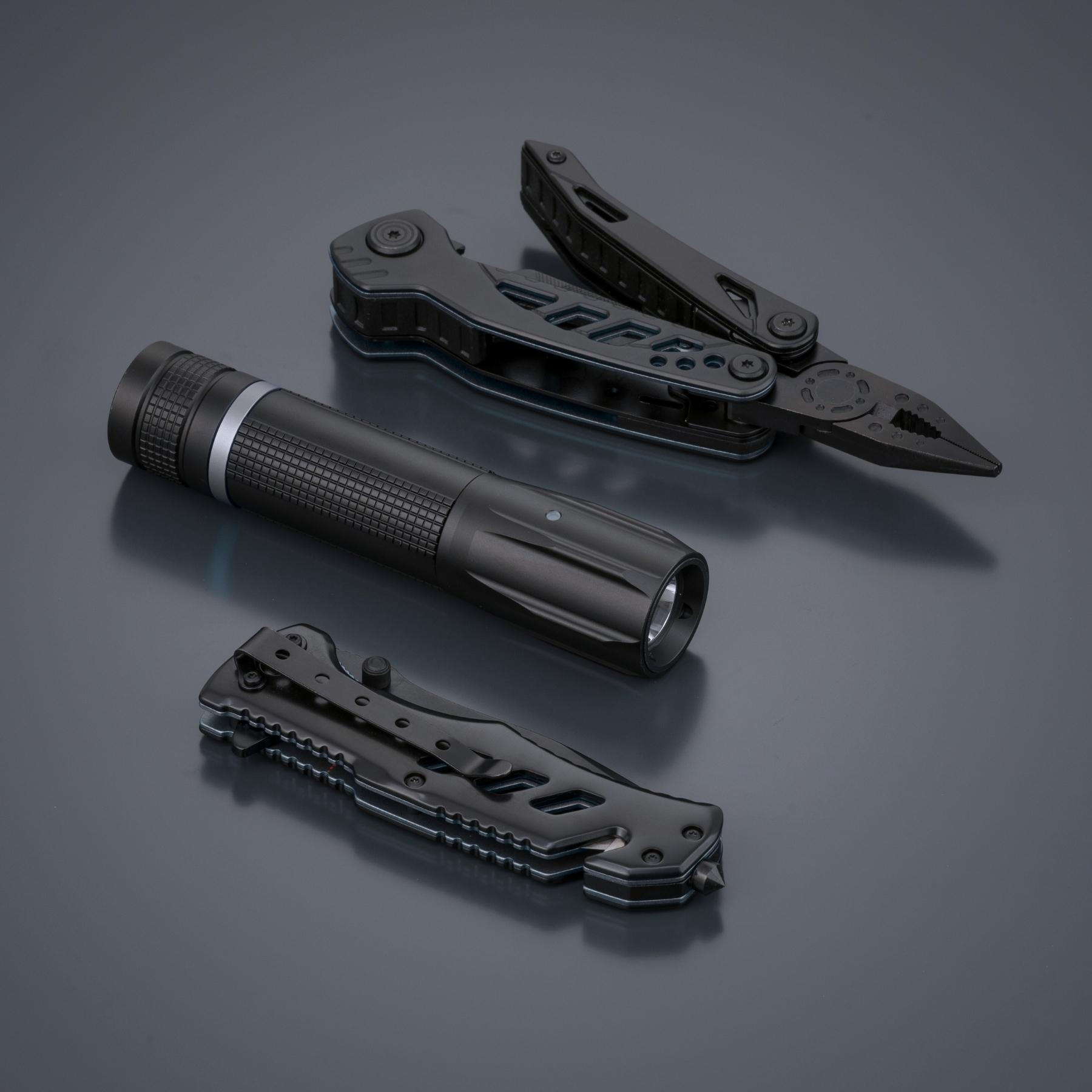 Multiset Optima: multitool, cuțit de salvare și lanternă mică Gri Gri