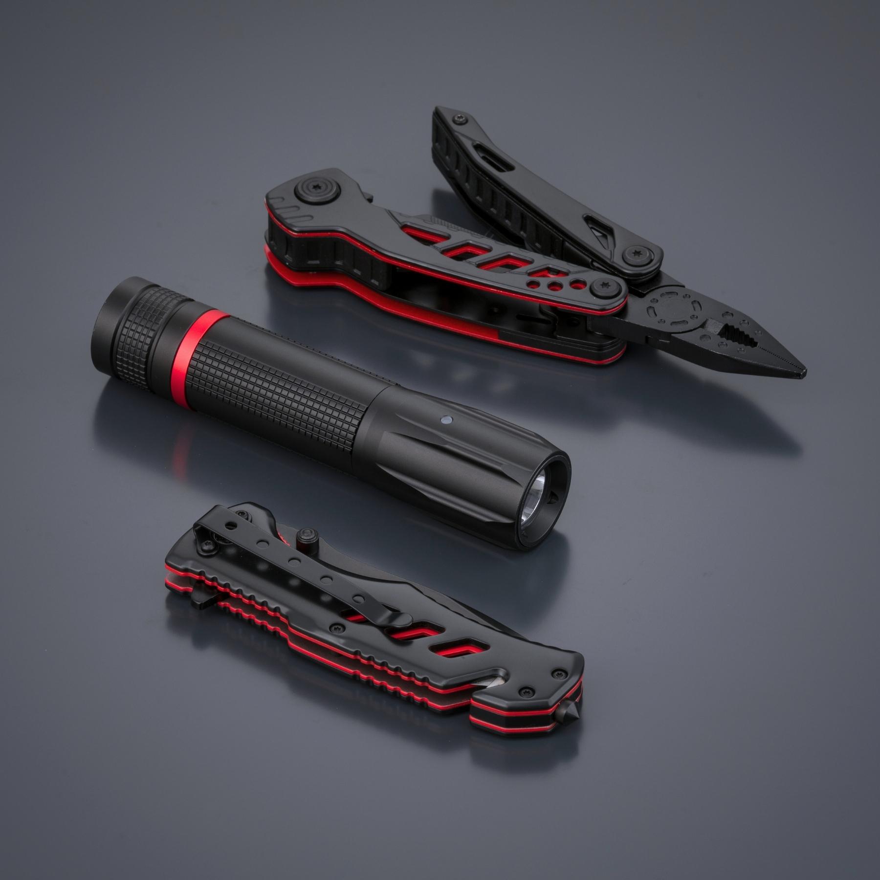 Multiset Optima: multitool, cuțit de salvare și lanternă mică Rosu Rosu