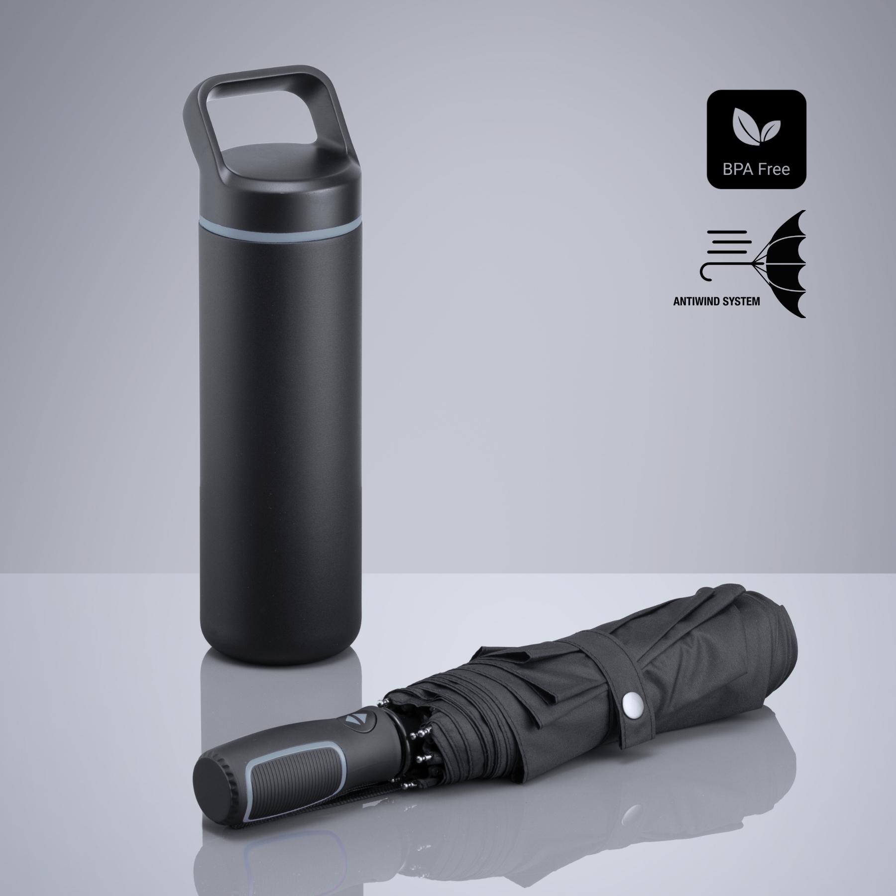 Set Outdoor: sticlă din oțel pentru apă 650 ml și umbrelă automată