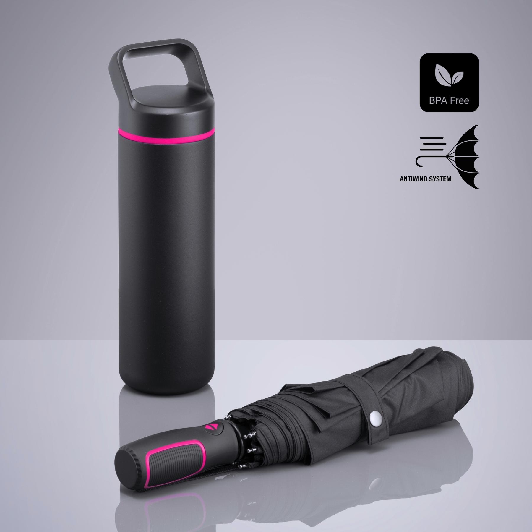 Set Outdoor: sticlă din oțel pentru apă 650 ml și umbrelă automată Roz Roz