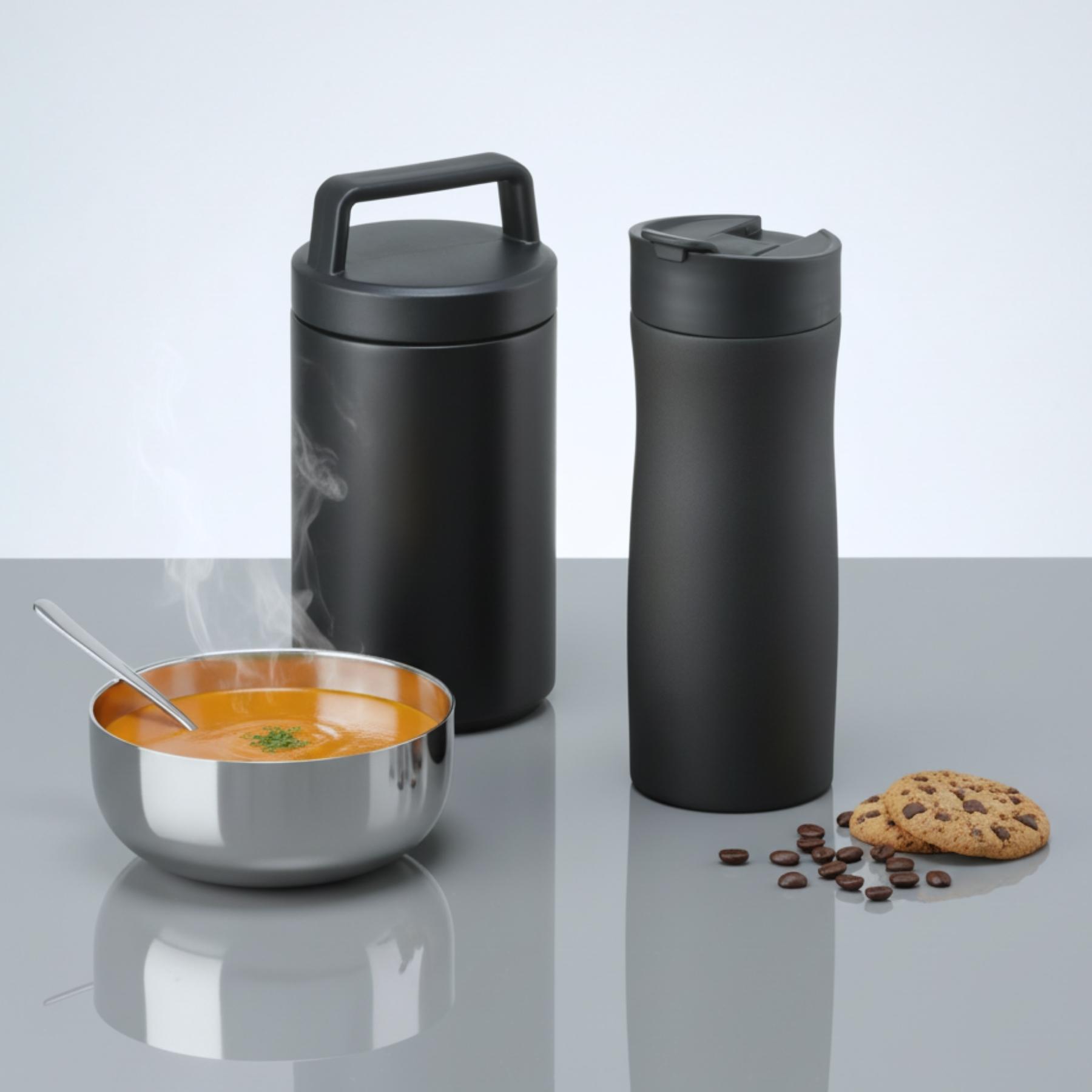 Set Porcelain: cană termică 630 ml și recipient pentru alimente 800 ml cu strat de porțelan Negru Negru