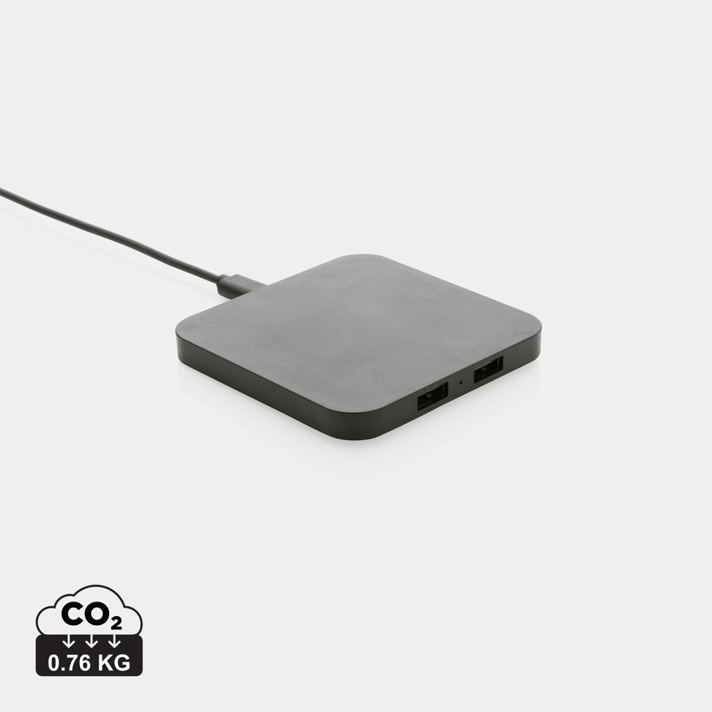 Încărcător wireless 10W din plastic reciclat RCS cu porturi USB black