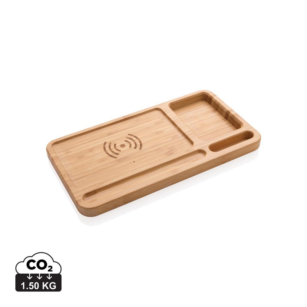 Organizator de birou din bambus cu încărcător wireless 5W brown