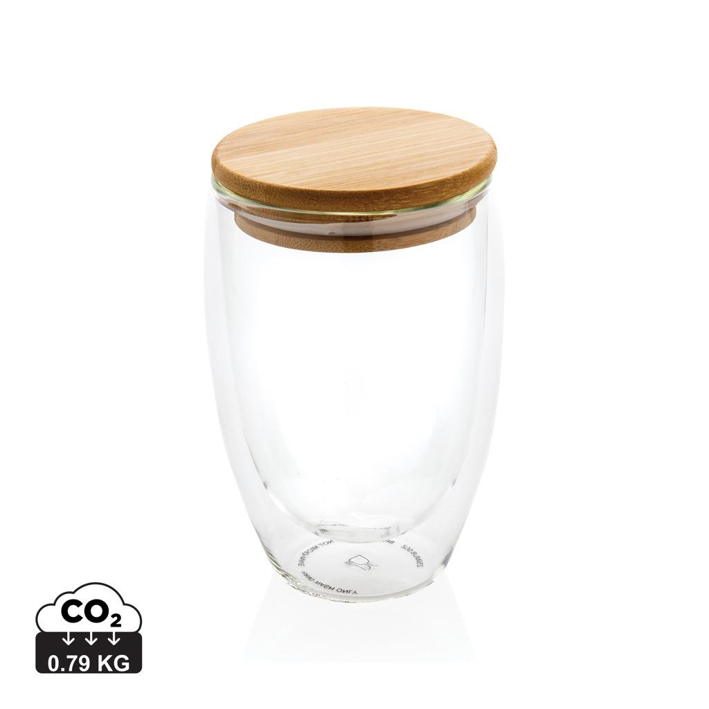 Pahar din sticlă borosilicată cu perete dublu și capac din bambus, 350 ml 