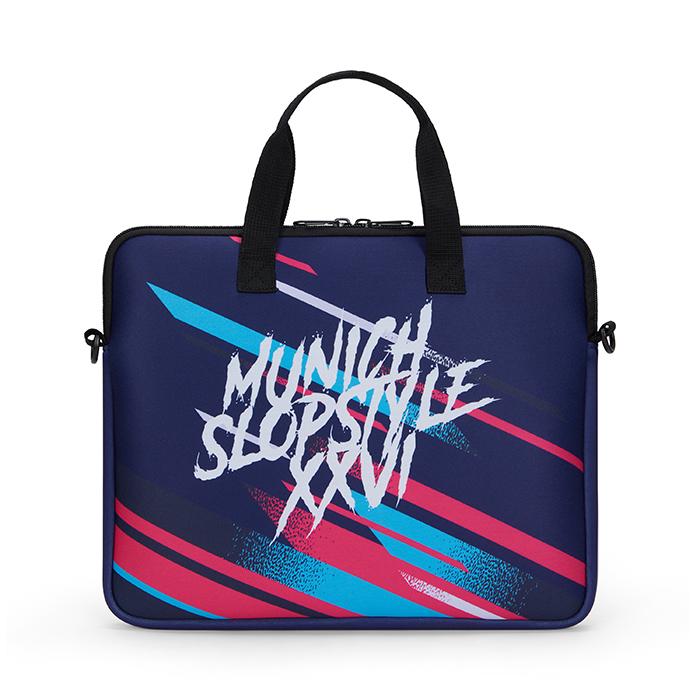 Manșon pentru laptop din neopren sublimat cu fermoar și buzunar în spate.