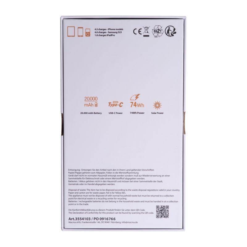 Baterie externă solară MoLu Tallahassee, 20.000 mAh Negru