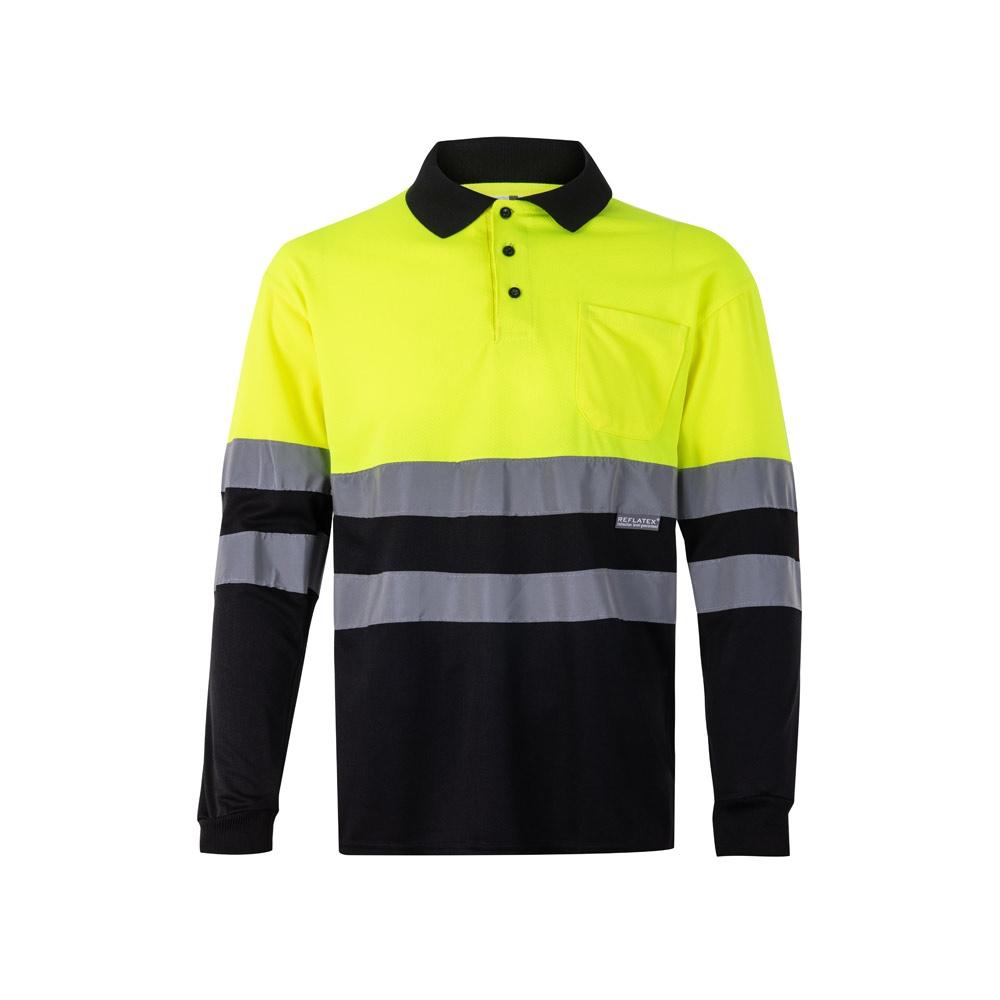 VL VULCAN. Tricou polo bicolor cu ochi de pasăre (160g/m²) cu mâneci lungi, din poliester (100%) Negru Galben XL