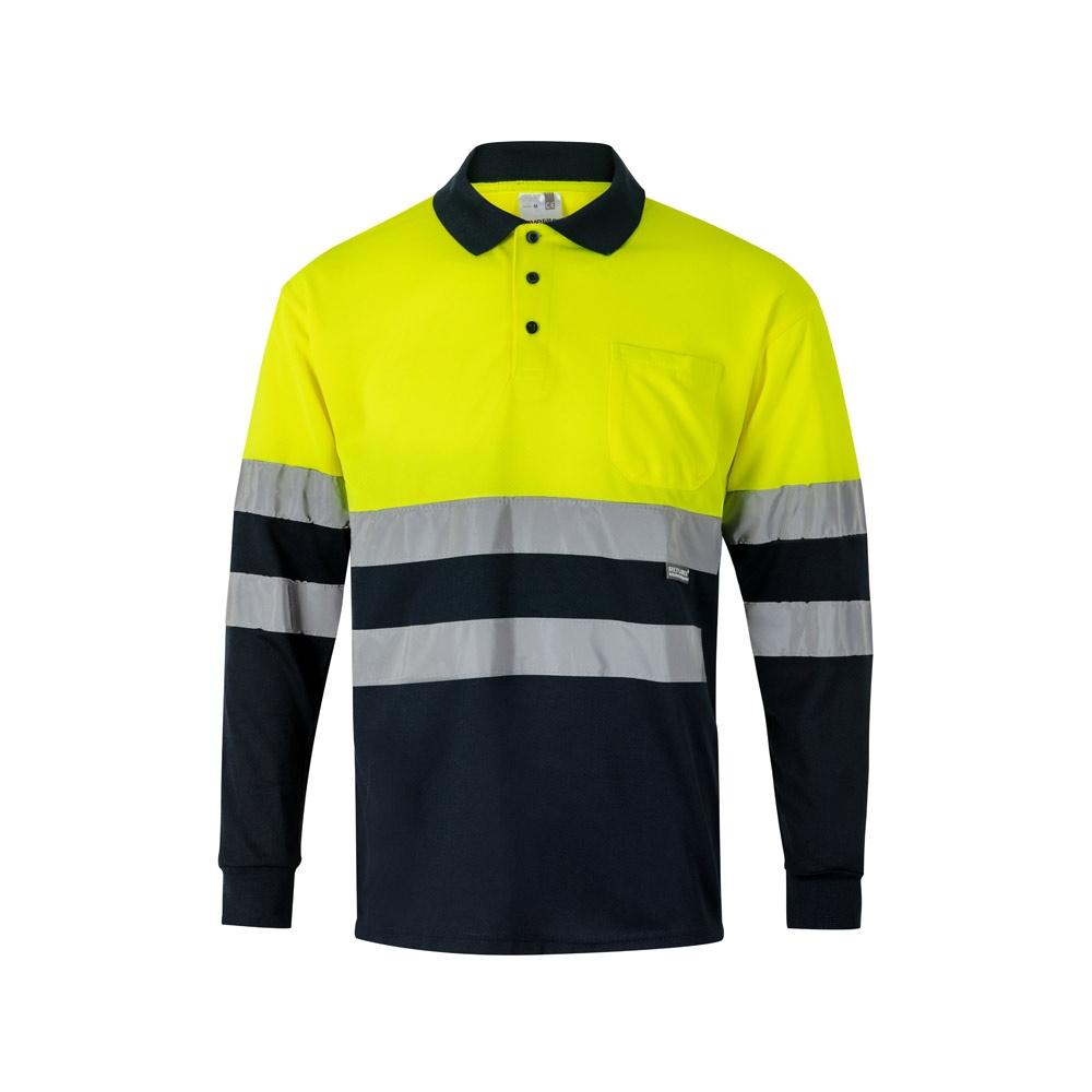VL VULCAN. Tricou polo bicolor cu ochi de pasăre (160g/m²) cu mâneci lungi, din poliester (100%) Albastru Galben XS