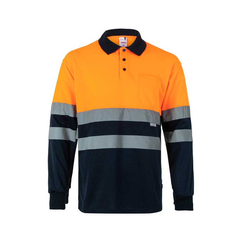 VL VULCAN. Tricou polo bicolor cu ochi de pasăre (160g/m²) cu mâneci lungi, din poliester (100%) Albastru Portocaliu