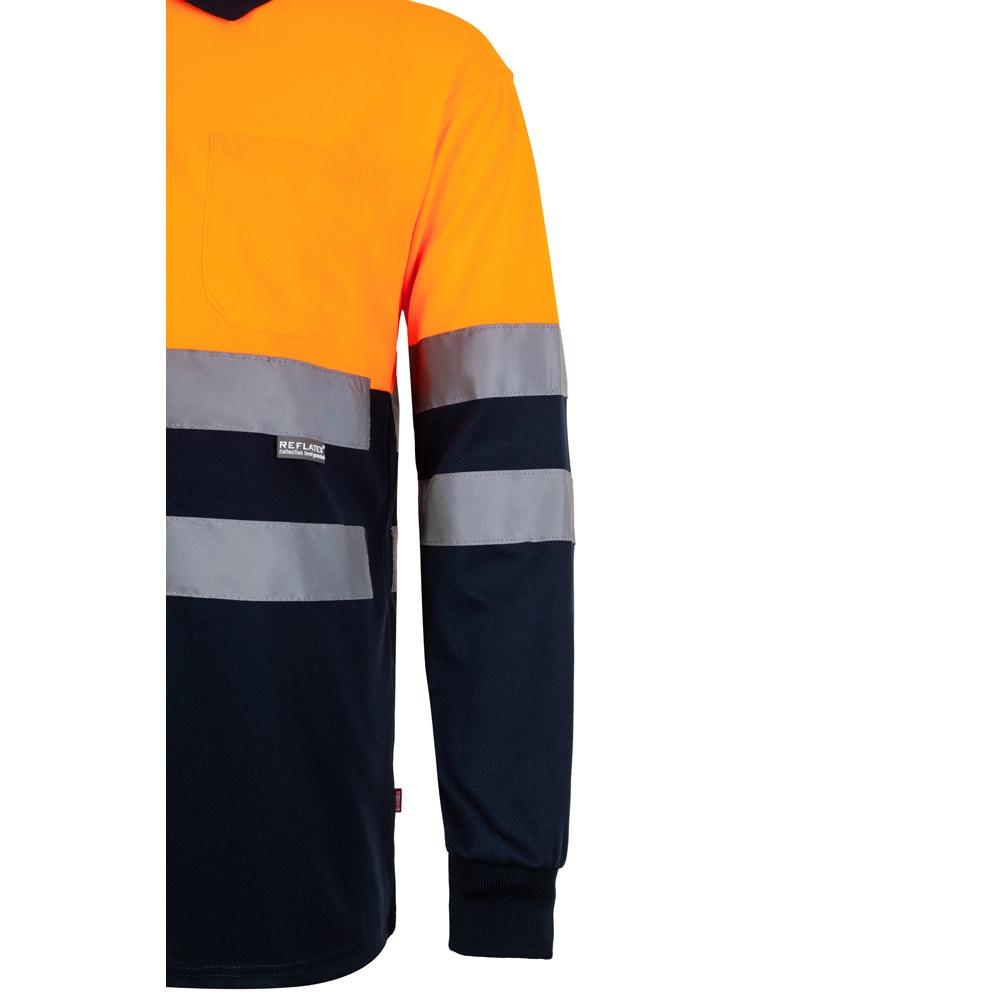 VL VULCAN. Tricou polo bicolor cu ochi de pasăre (160g/m²) cu mâneci lungi, din poliester (100%) Albastru Portocaliu 3XL