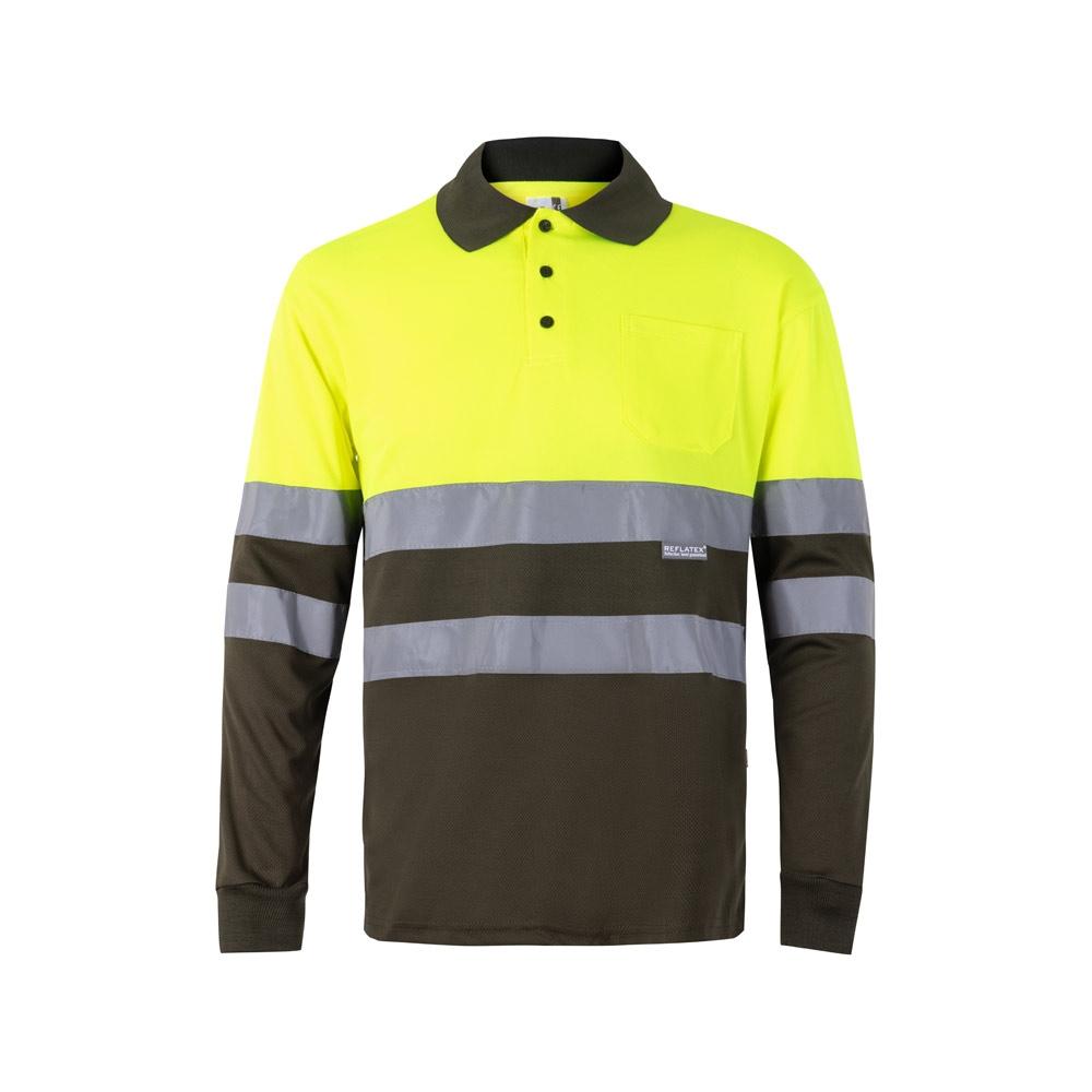 VL VULCAN. Tricou polo bicolor cu ochi de pasăre (160g/m²) cu mâneci lungi, din poliester (100%) Verde armată Galben