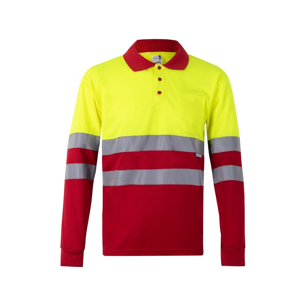 VL VULCAN LARGE. Tricou polo bicolor în formă de ochi de pasăre (160g/m²) cu mâneci lungi, din poliester (100%) Roșu Galben