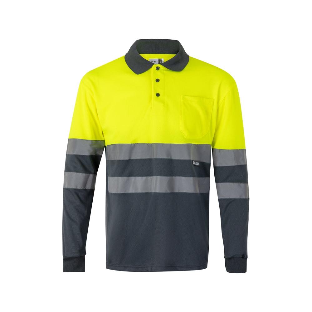 VL VULCAN LARGE. Tricou polo bicolor în formă de ochi de pasăre (160g/m²) cu mâneci lungi, din poliester (100%) Gri Galben