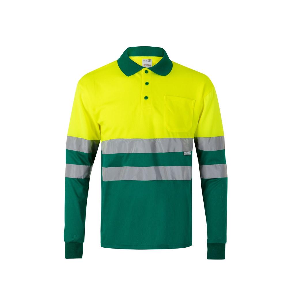 VL VULCAN LARGE. Tricou polo bicolor în formă de ochi de pasăre (160g/m²) cu mâneci lungi, din poliester (100%) Verde Galben