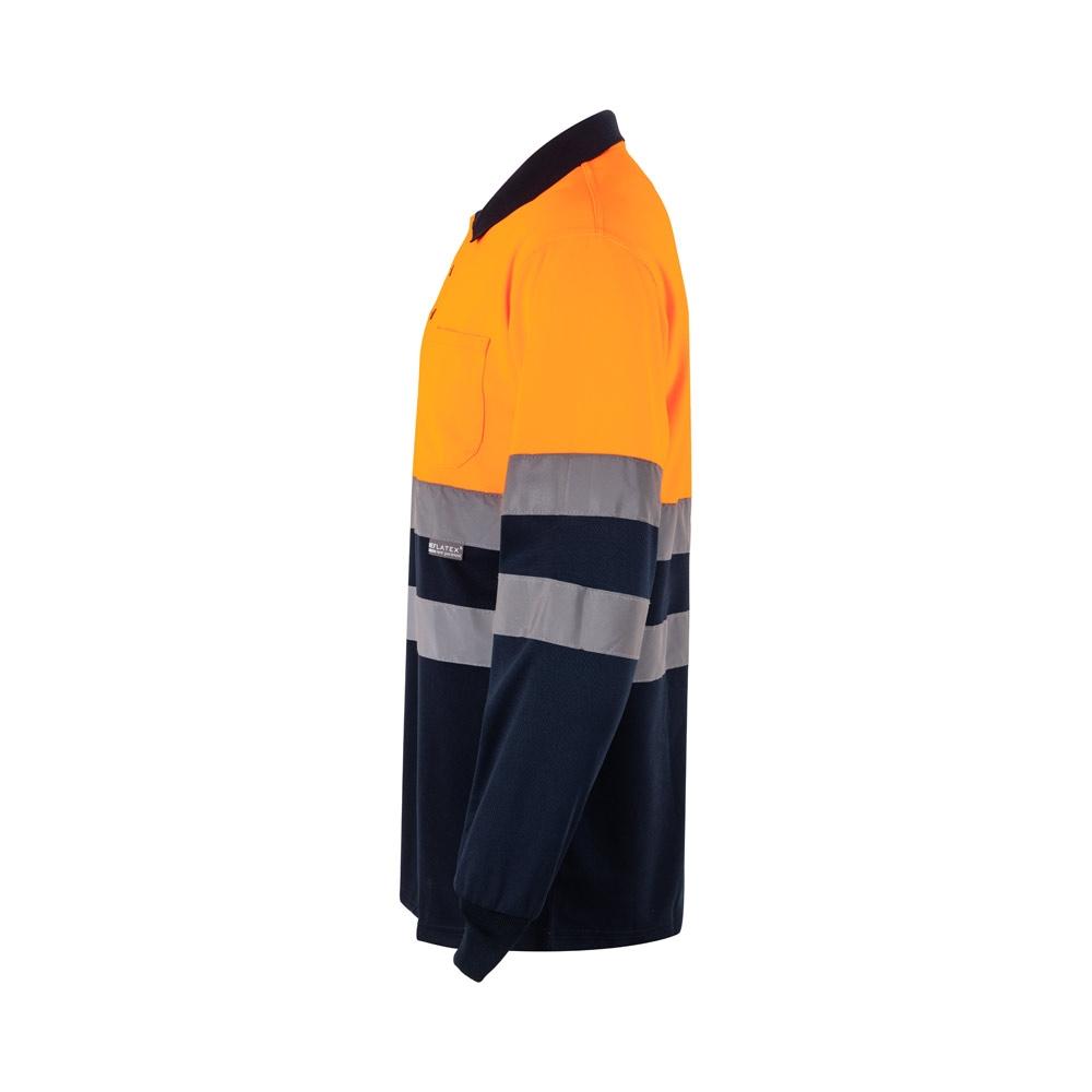 VL VULCAN LARGE. Tricou polo bicolor în formă de ochi de pasăre (160g/m²) cu mâneci lungi, din poliester (100%) Albastru Portocaliu 4XL