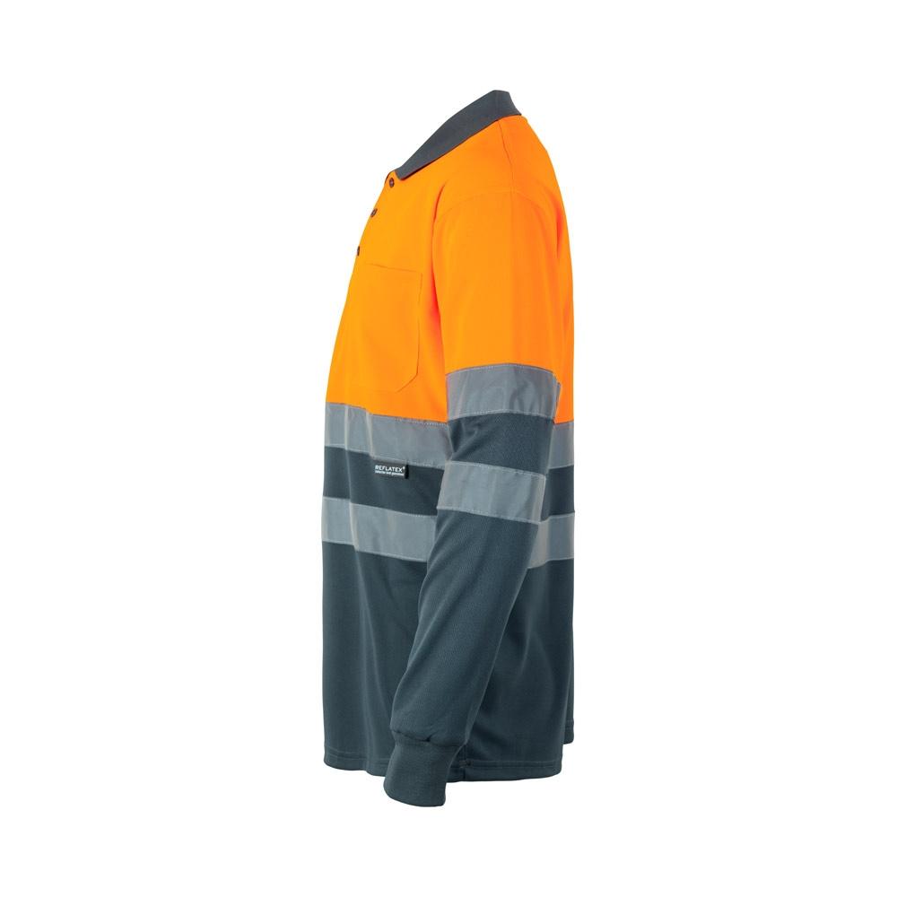 VL VULCAN LARGE. Tricou polo bicolor în formă de ochi de pasăre (160g/m²) cu mâneci lungi, din poliester (100%) Gri Portocaliu 4XL