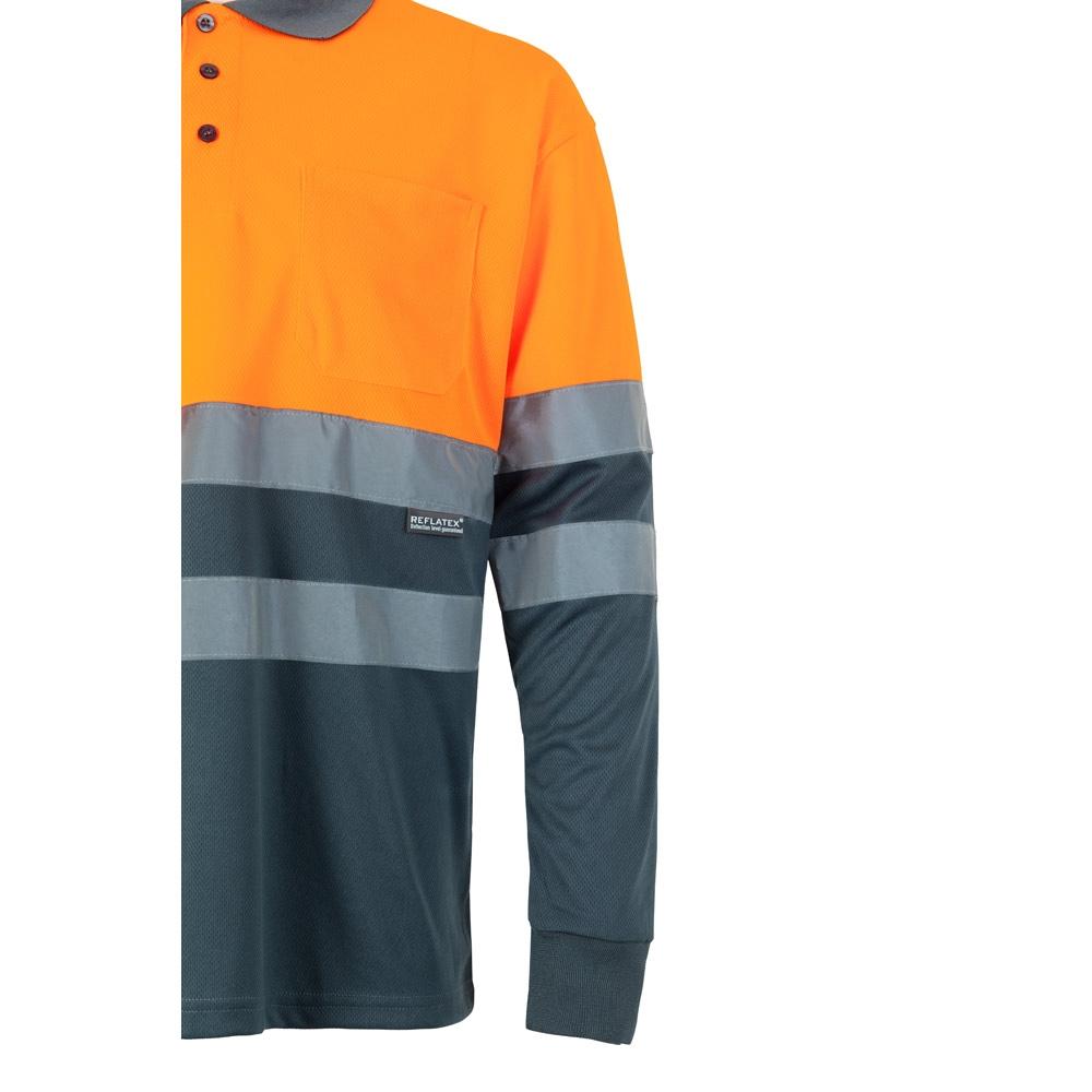 VL VULCAN LARGE. Tricou polo bicolor în formă de ochi de pasăre (160g/m²) cu mâneci lungi, din poliester (100%) Gri Portocaliu 4XL