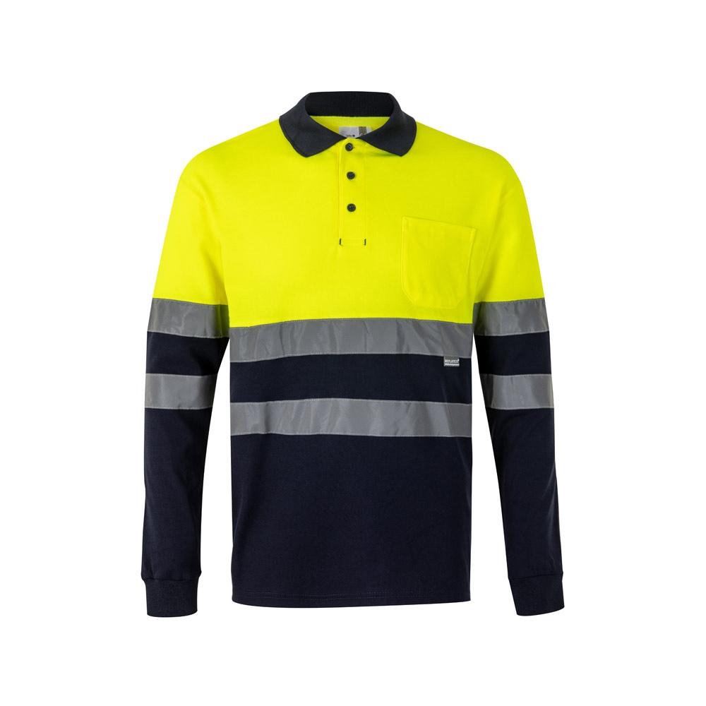 VL PLUTO. Tricou polo piqué bicolor (150g/m²) cu mâneci lungi, din bumbac (55%) și poliester (45%) Albastru Galben L