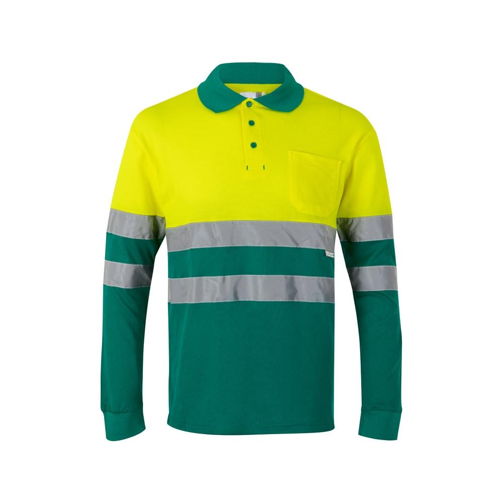 VL PLUTO. Tricou polo piqué bicolor (150g/m²) cu mâneci lungi, din bumbac (55%) și poliester (45%) Verde Galben
