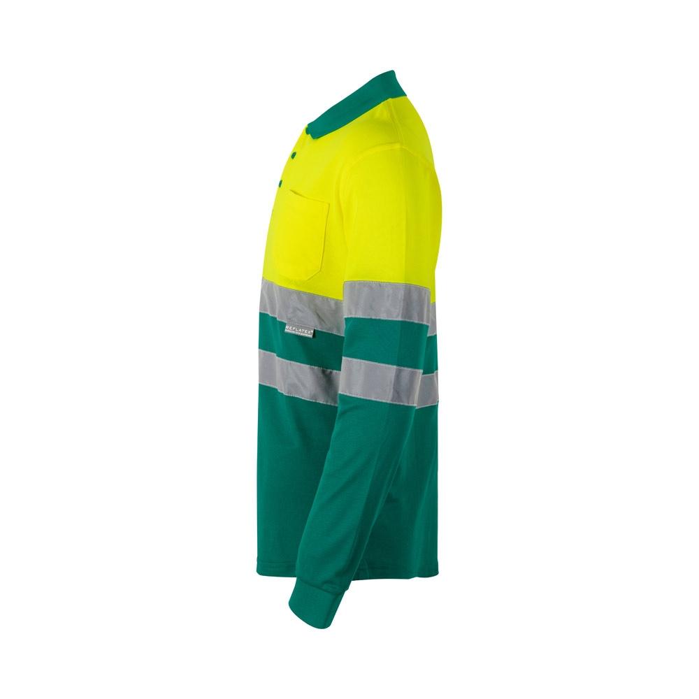 VL PLUTO. Tricou polo piqué bicolor (150g/m²) cu mâneci lungi, din bumbac (55%) și poliester (45%) Verde Galben L