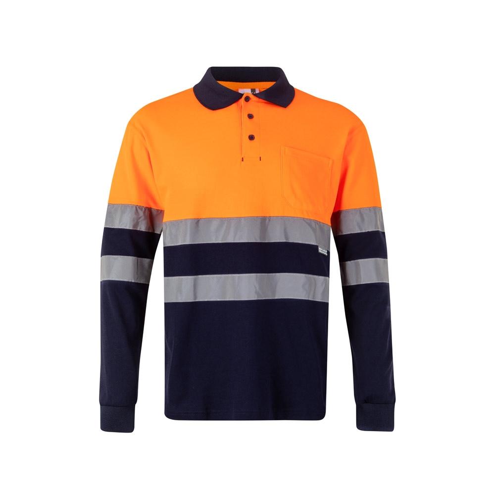 VL PLUTO. Tricou polo piqué bicolor (150g/m²) cu mâneci lungi, din bumbac (55%) și poliester (45%) Albastru Portocaliu