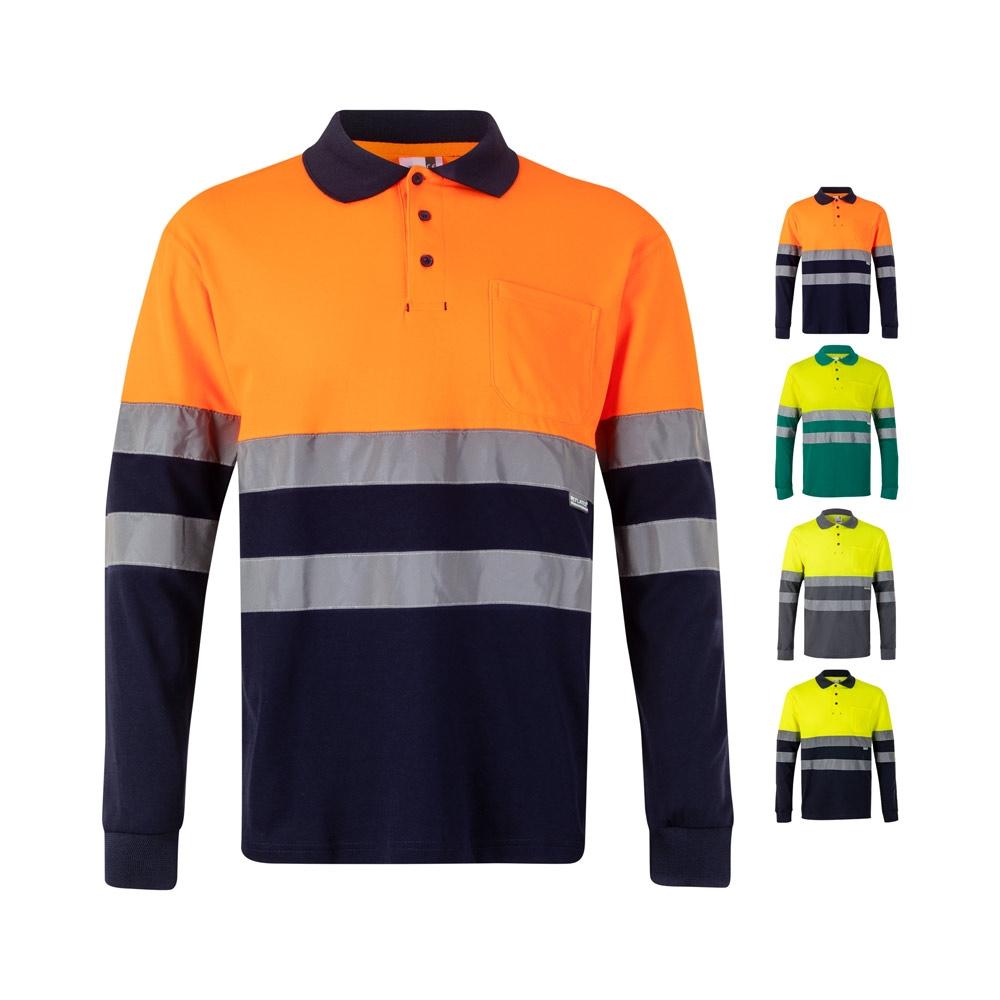 VL PLUTO. Tricou polo piqué bicolor (150g/m²) cu mâneci lungi, din bumbac (55%) și poliester (45%) Albastru Galben L