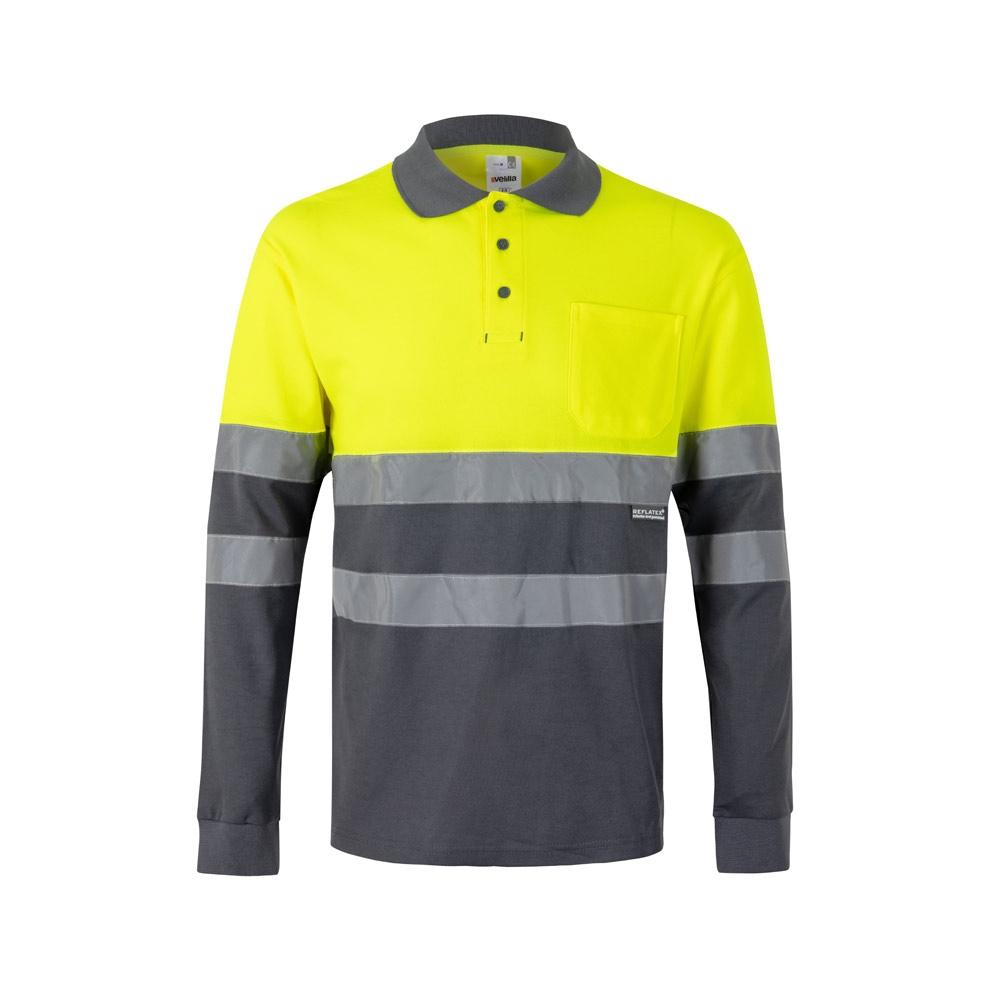 VL PLUTO LARGE. Tricou polo piqué în două tonuri (150g/m²) cu mâneci lungi, din bumbac (55%) și poliester (45%) Gri Galben
