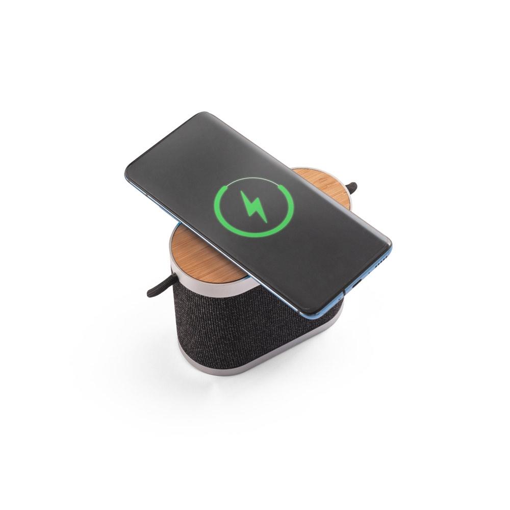 GUETTA. Boxă portabilă 5W cu încărcător wireless super-rapid de 15W, autonomie 2h, din bambus și PET reciclat (100% rPET) Gri închis