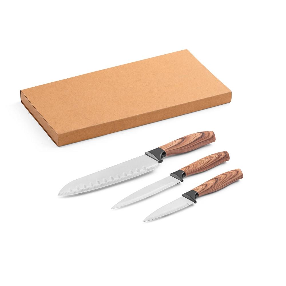 Set 3 cuțite bucătărie Baharat din oțel inoxidabil, mânere ergonomice Natural