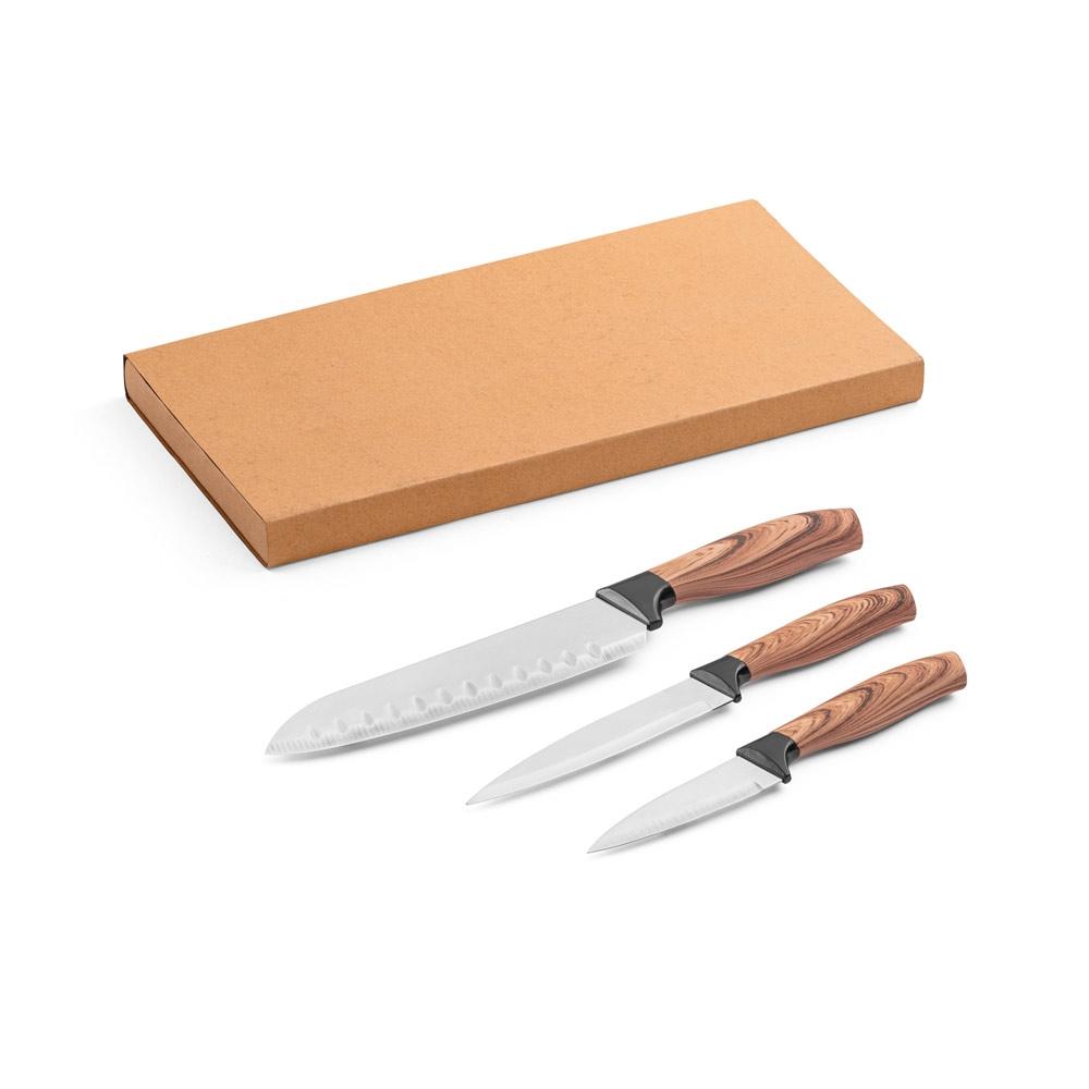 Set 3 cuțite bucătărie Baharat din oțel inoxidabil, mânere ergonomice Natural